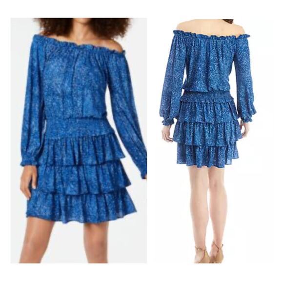 NWT Michael Kors On Off Shoulder Ruffle Dress Mosaic Blue M Cottagecore Tiered - Picture 2 of 8